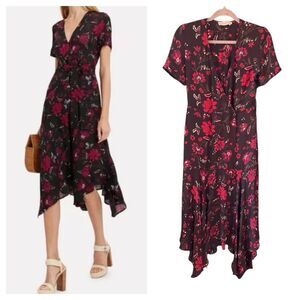 A.L.C. Cora Silk Wrap Midi Dress Sz 2 Red Floral Wedding Guest Romantic Boho